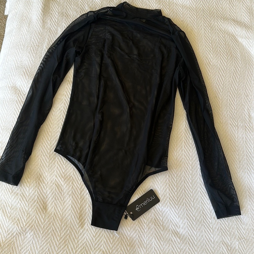 Black Sheer Tulle Long Sleeve Bodysuit  with Band Collar and Snap Button Closure